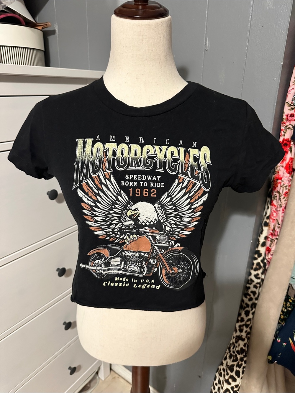 Black Short Sleeve Graphic Tee with Motorcycle Eagle Print